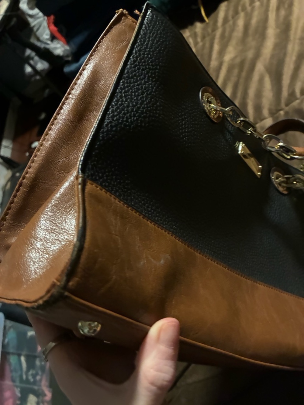Two-Tone Black and Brown Leather Tote Bag by Anne Klein - Picture 4 of 10